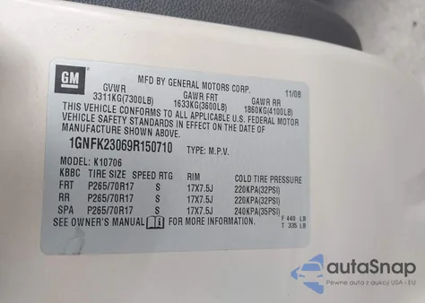 2009 Chevrolet Tahoe Lt2 from USA, damaged, VIN 1GNFK23069R150710